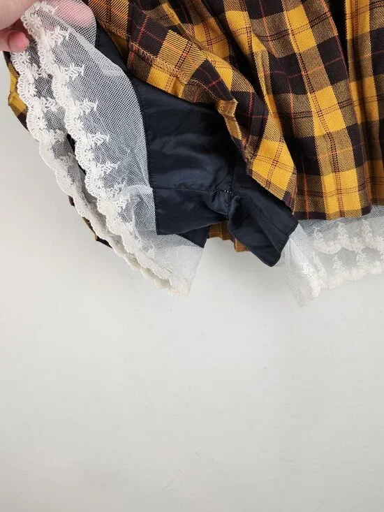 Cupop Japan Yellow Brown Plaid Lace Trim Pleated Mini Skirt Skort sz M - Picture 4 of 11